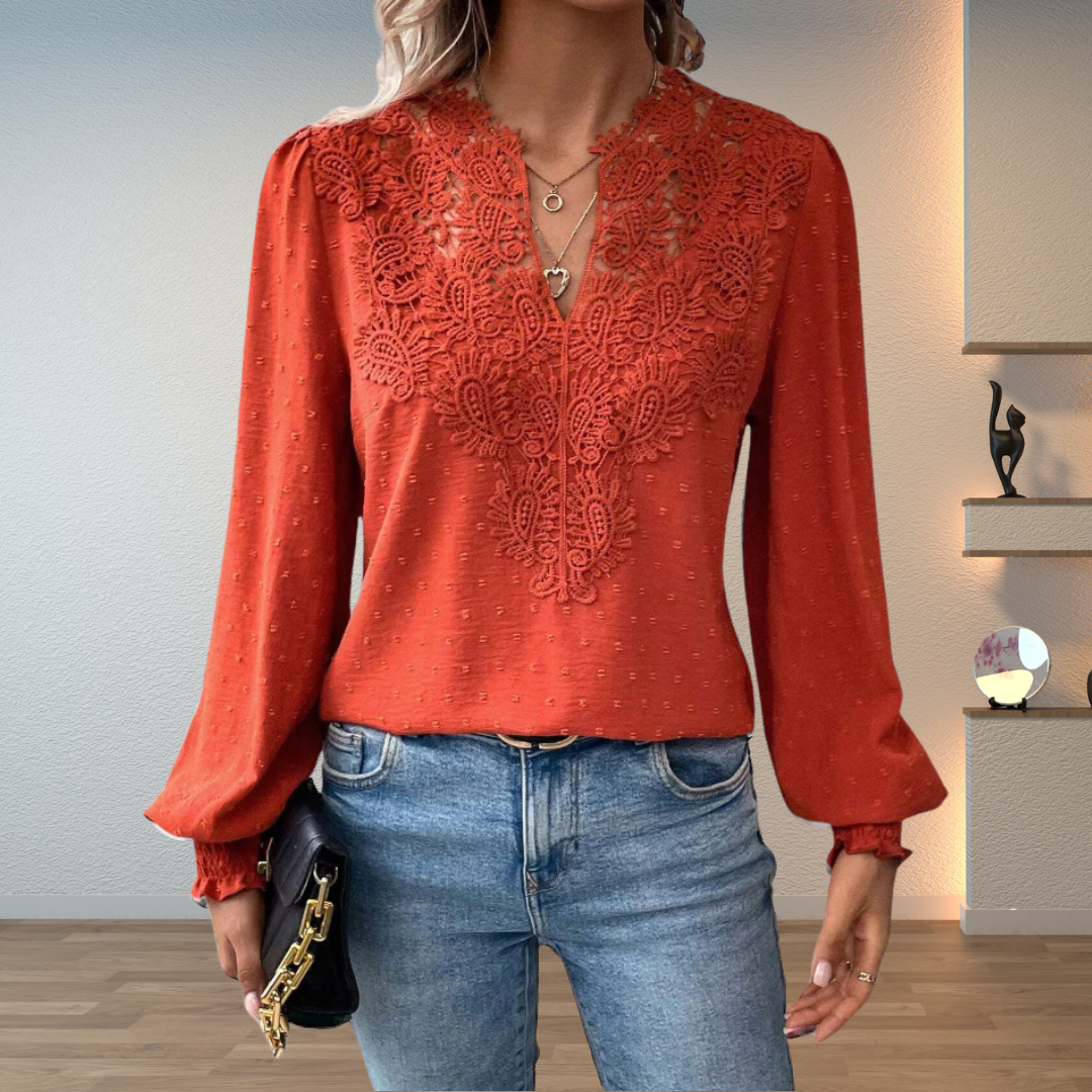 Tess | Openwork Panel Blouse with Balloon Sleeves Orange, studio photo