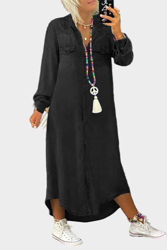 Buttoned Woven Denim Maxi Dress Black, studio photo