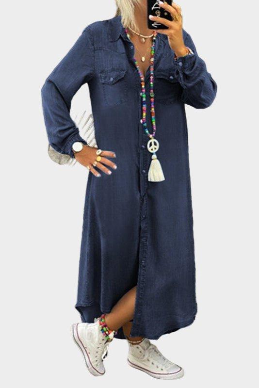 Buttoned Woven Denim Maxi Dress Navy, studio photo
