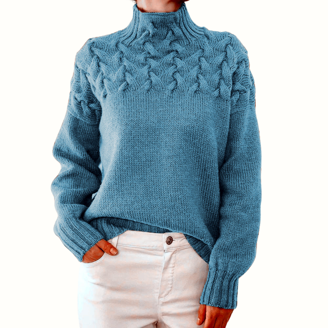 Brown Cable Knit High-Neck Jumper Sky Blue, studio photo