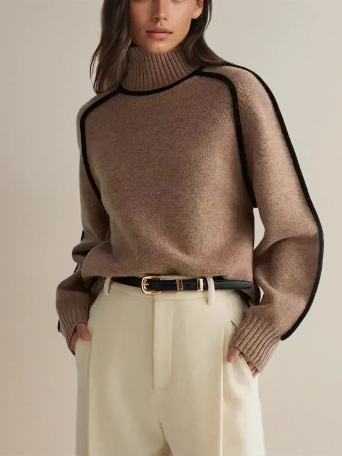 Black Outlined Turtleneck Jumper Brown, photo studio