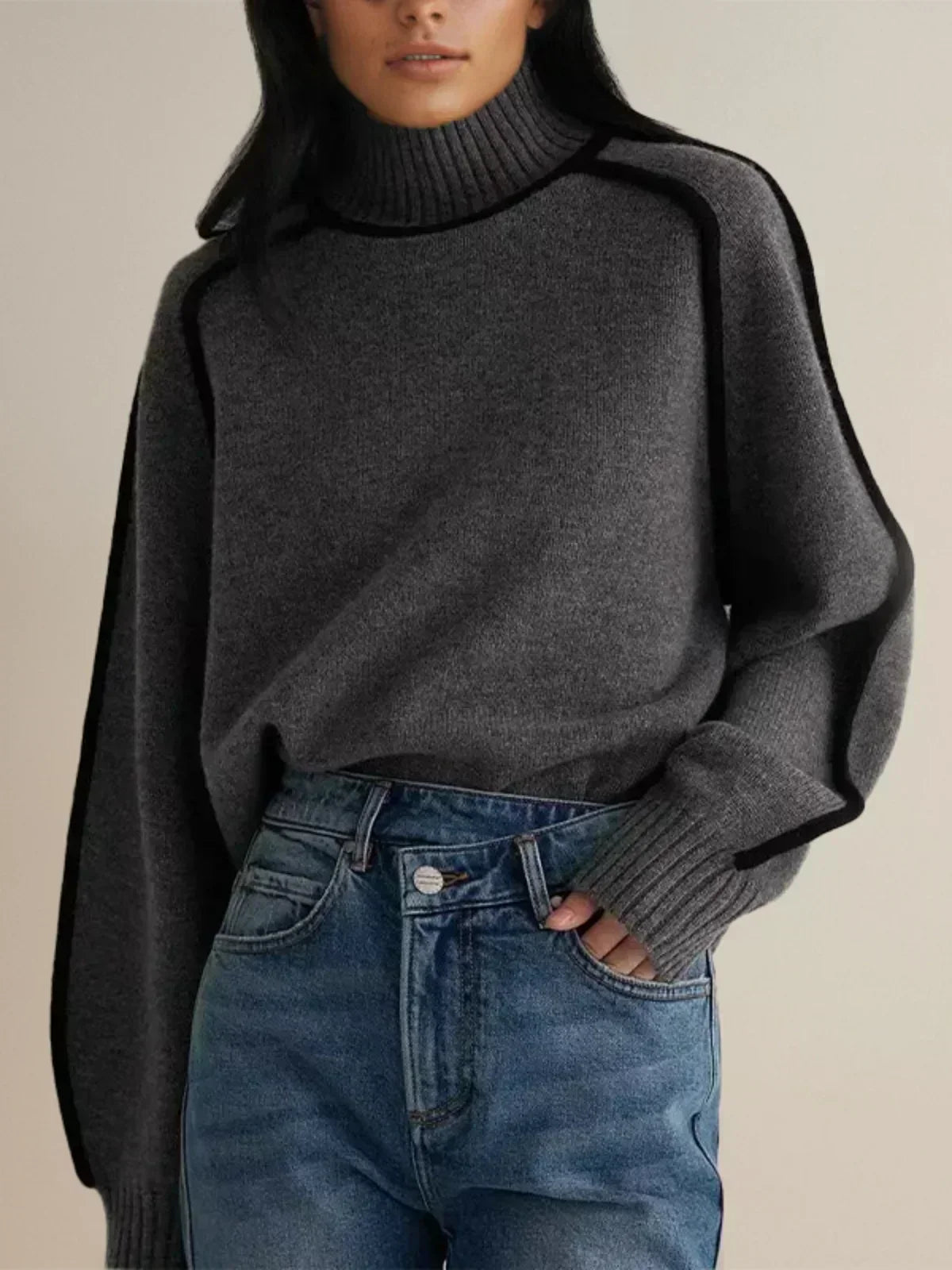 Black Outlined Turtleneck Jumper Grey, photo studio