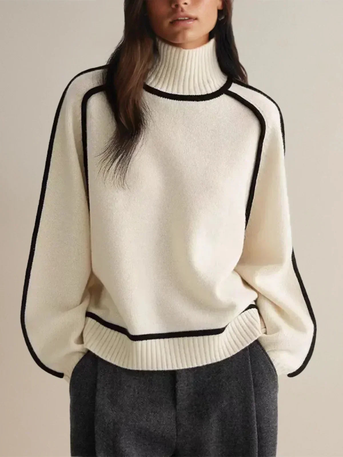 Black Outlined Turtleneck Jumper White, photo studio