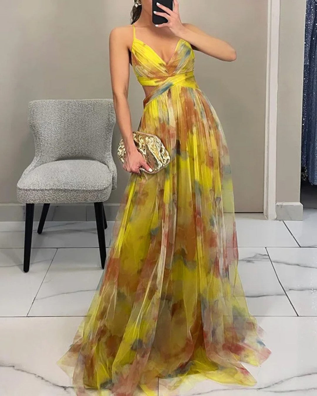 Elvira | Long Flowy Evening Dress Yellow, studio photo