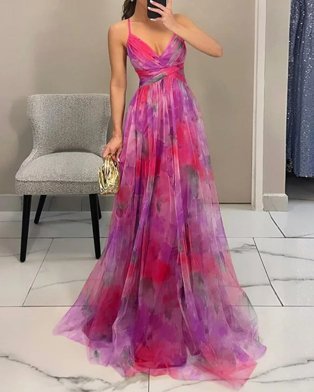 Elvira | Long Flowy Evening Dress Pink, studio photo