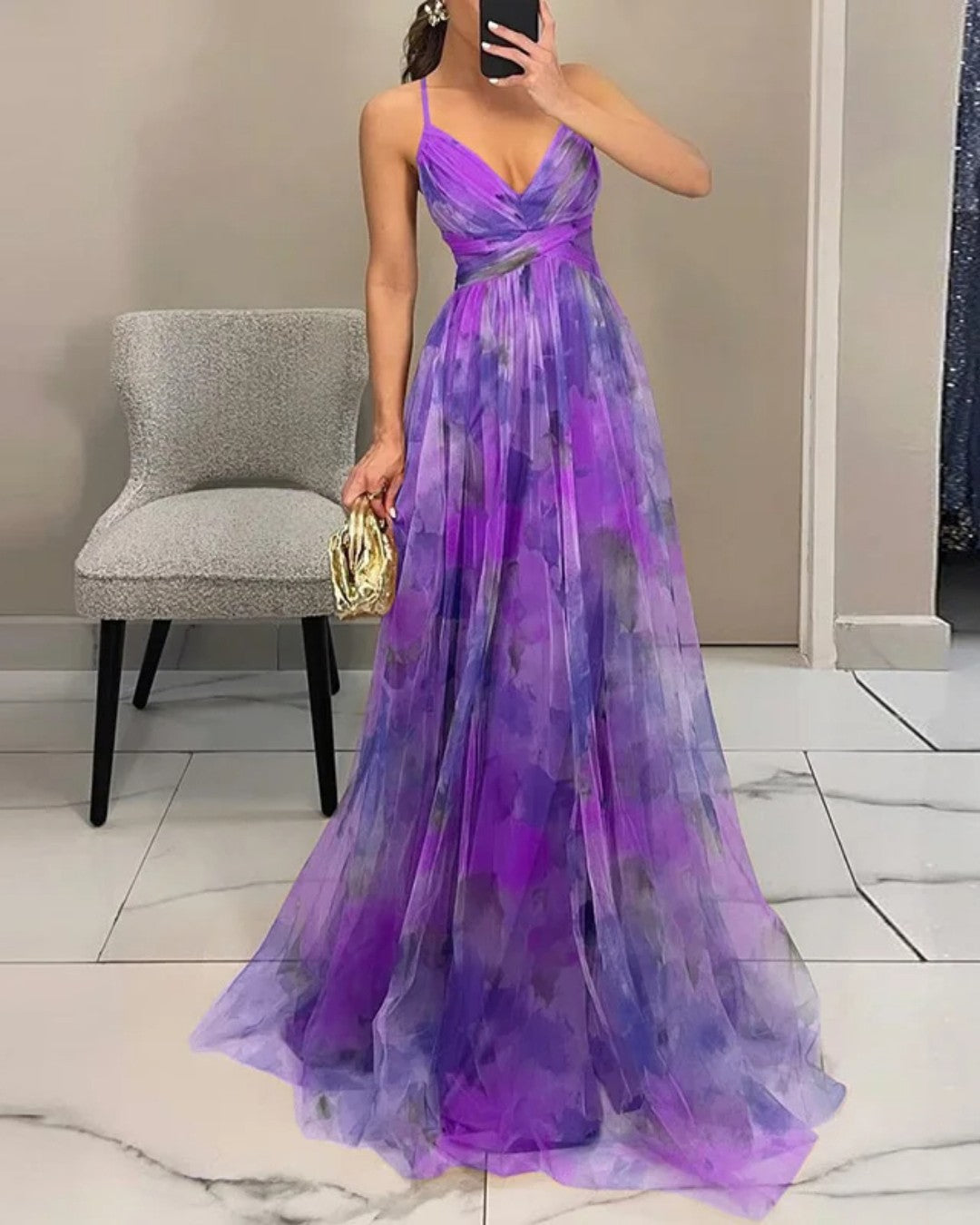 Elvira | Long Flowy Evening Dress Purple, studio photo