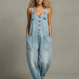 Wide-Strap Buckle Denim Jumpsuit