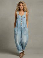 Wide-Strap Buckle Denim Jumpsuit