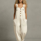 Wide-Strap Buckle Denim Jumpsuit