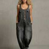 Wide-Strap Buckle Denim Jumpsuit