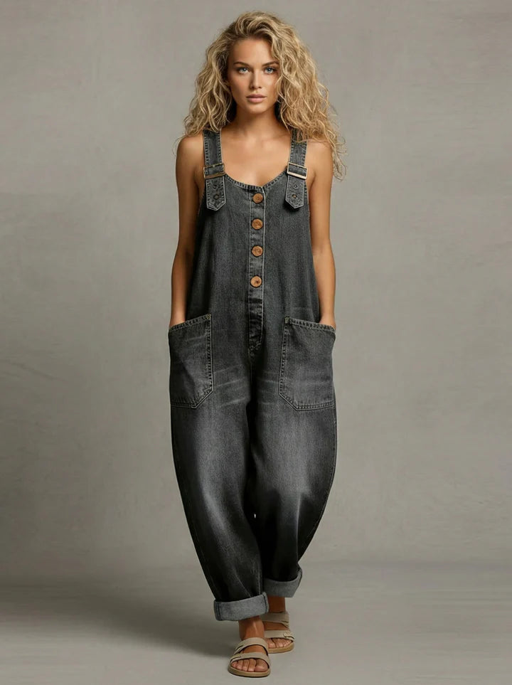 Wide-Strap Buckle Denim Jumpsuit Black, studio photo