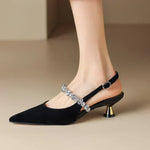 Pointed Rhinestone-Strap Pumps
