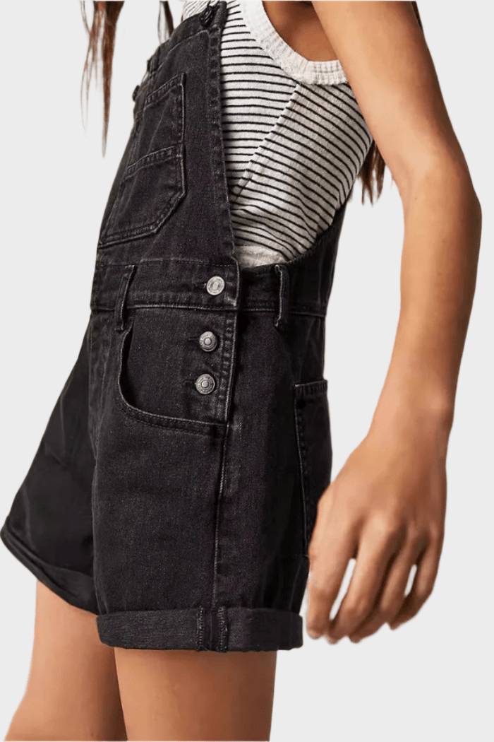 Black Denim Short Overalls