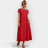 Dymphna | Gathered Midi Dress with Cap Sleeves and Pockets