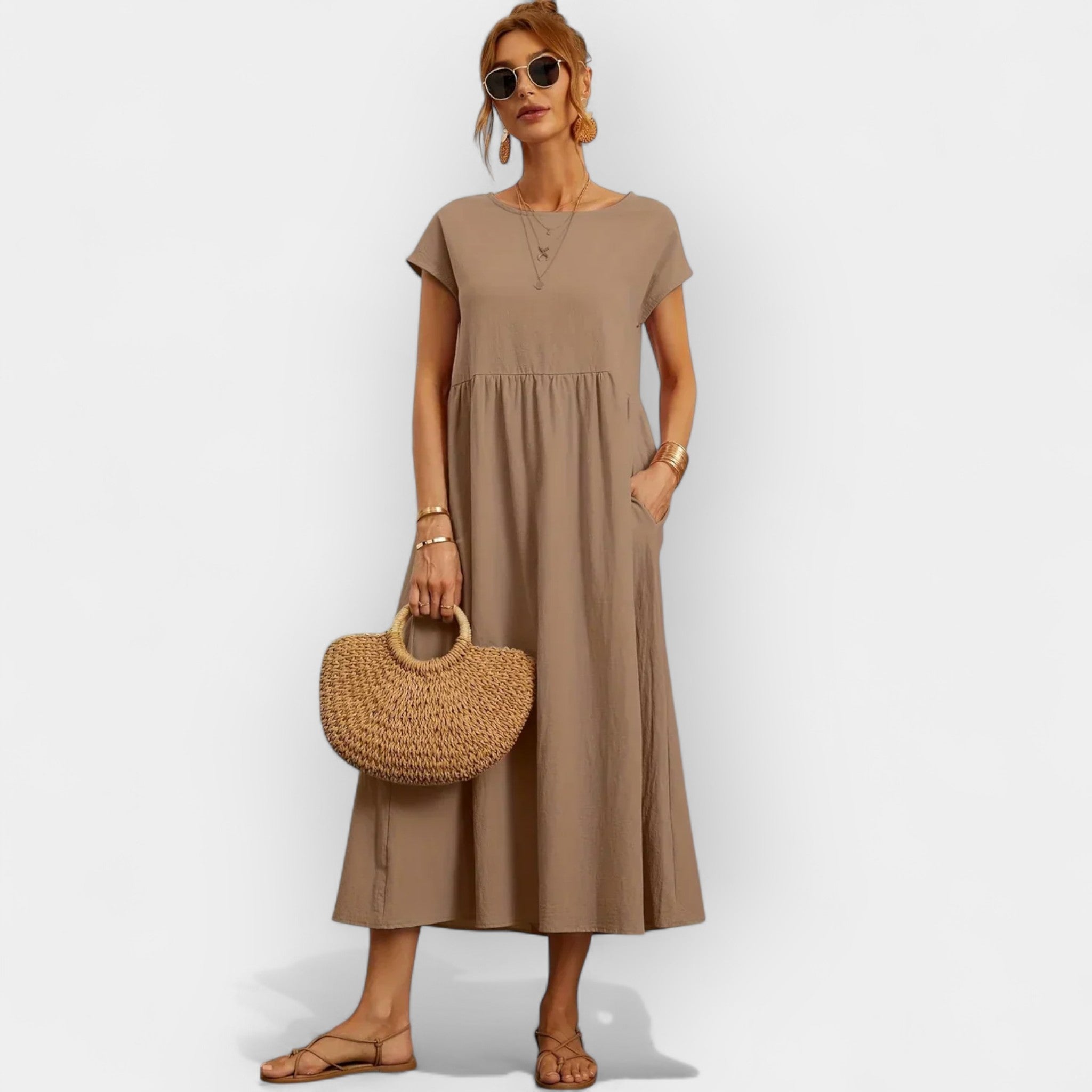 Light Cotton Dress with Pockets Brown, photo studio