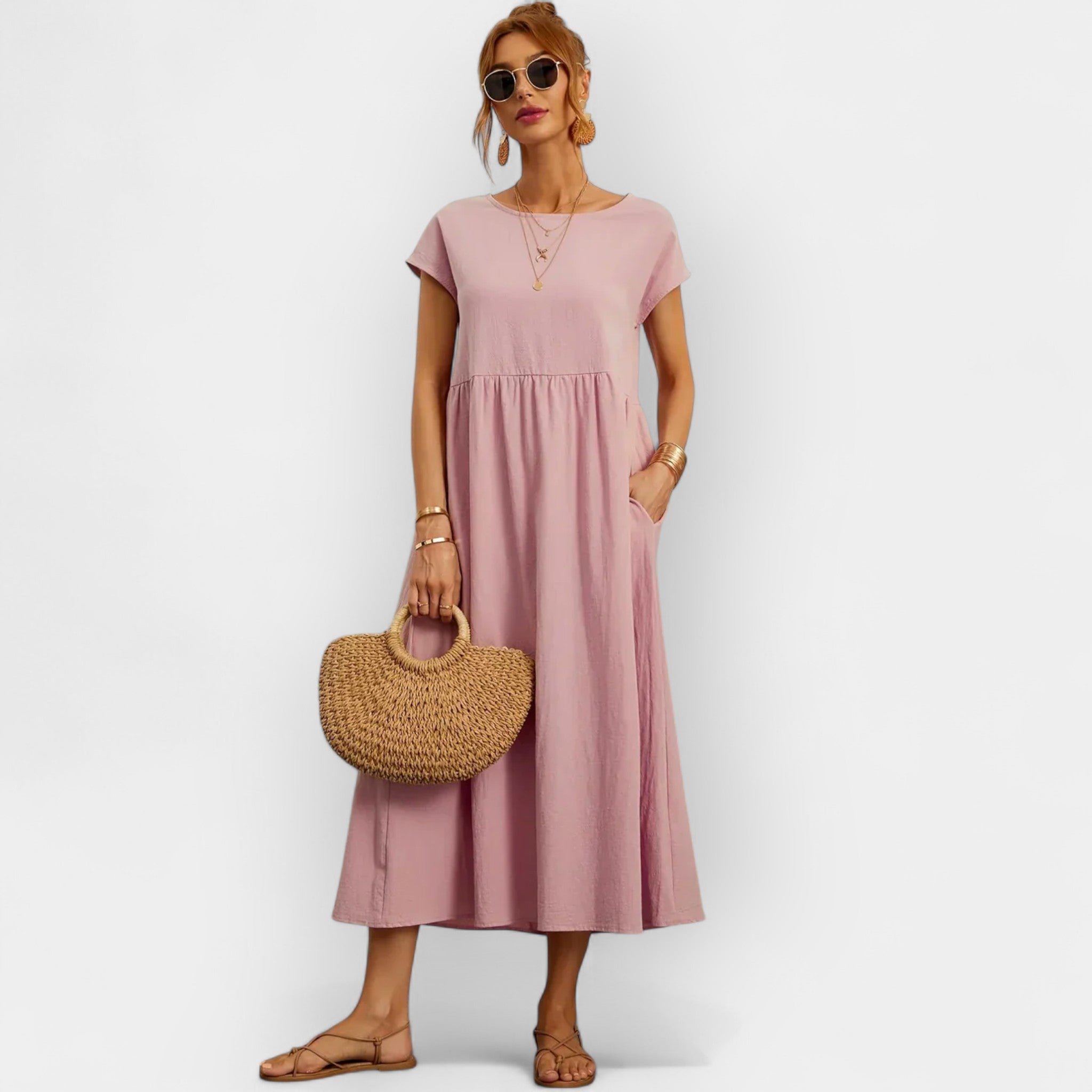 Light Cotton Dress with Pockets Pink, photo studio
