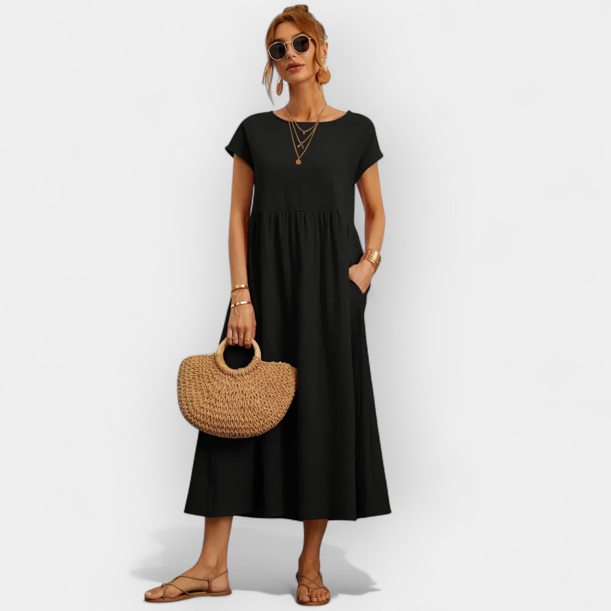 Light Cotton Dress with Pockets Black, photo studio