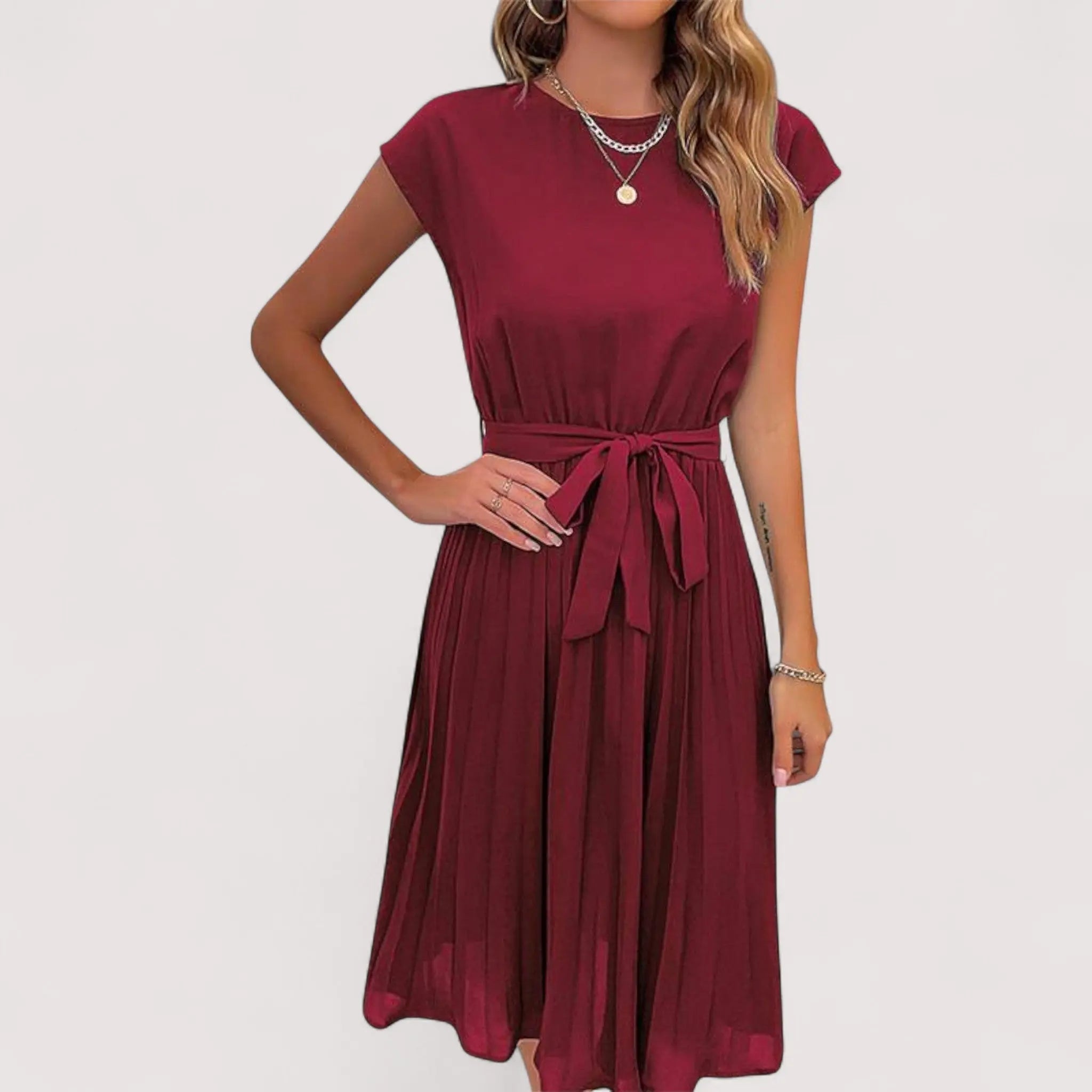 Anastasia | Elegant Pleated Tie-Waist Dress Red, studio photo