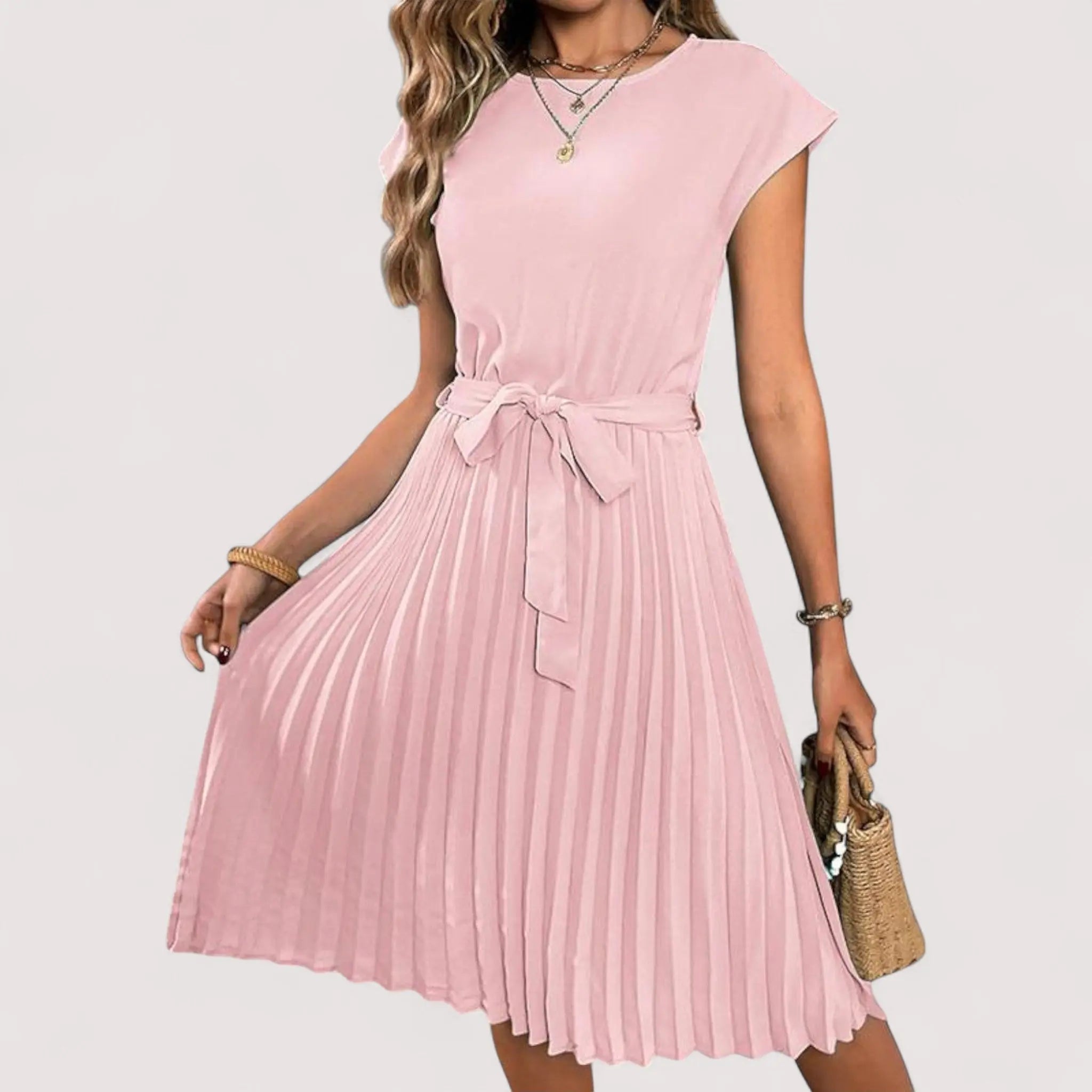 Anastasia | Elegant Pleated Tie-Waist Dress Pink, studio photo