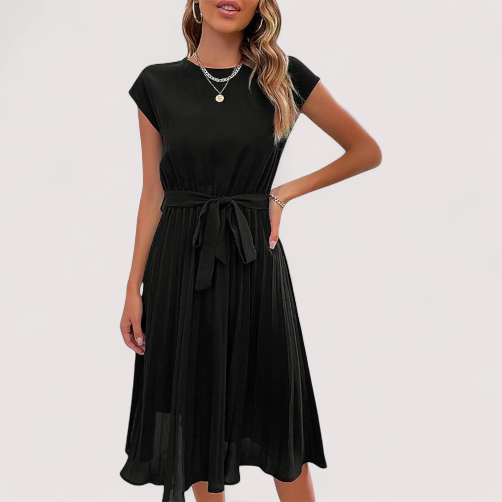 Anastasia | Elegant Pleated Tie-Waist Dress Black, studio photo