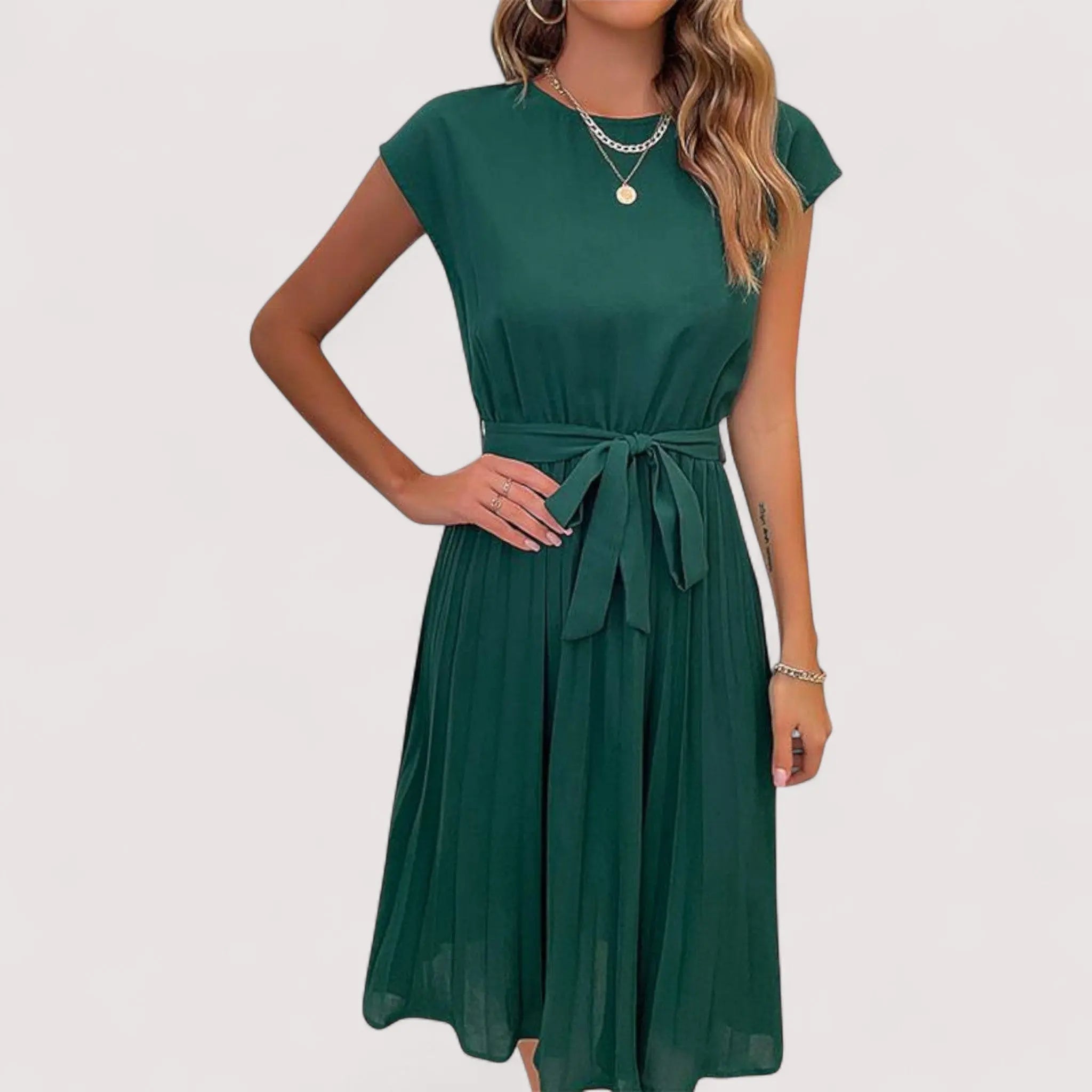 Anastasia | Elegant Pleated Tie-Waist Dress Green, studio photo