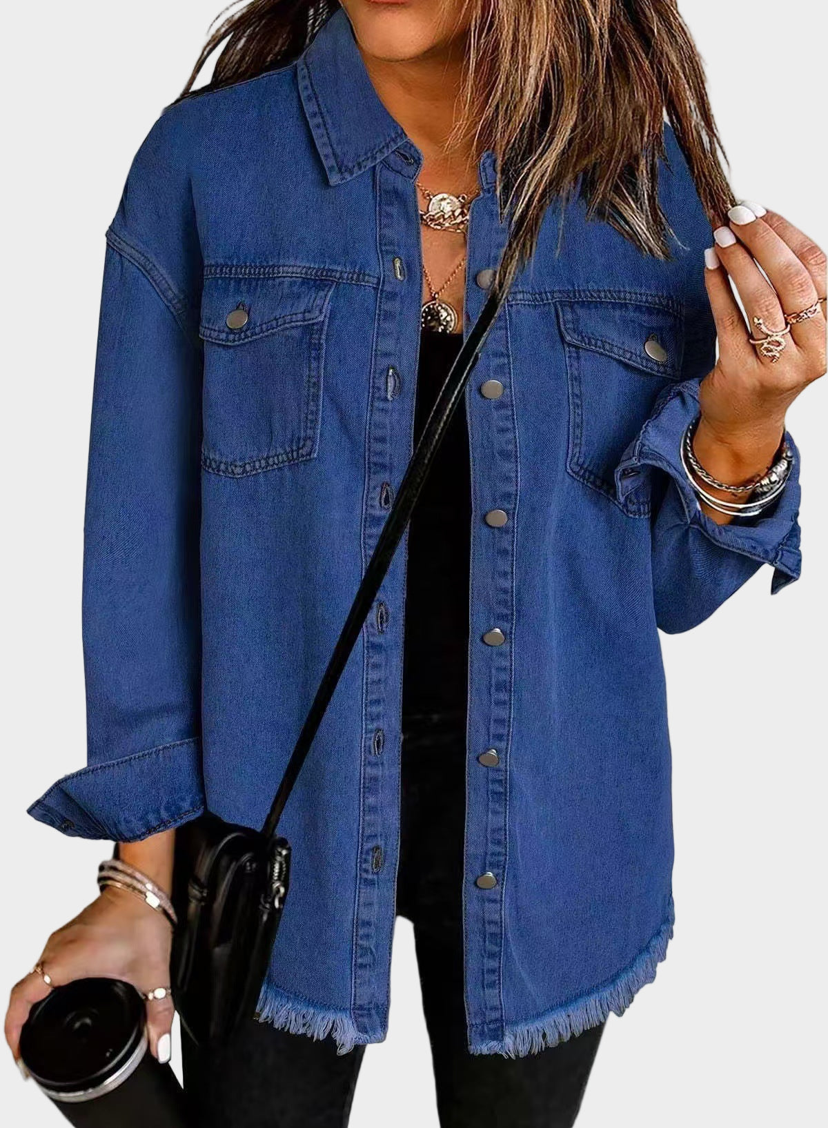 Classic Fringed Denim Jacket Blue, studio photo