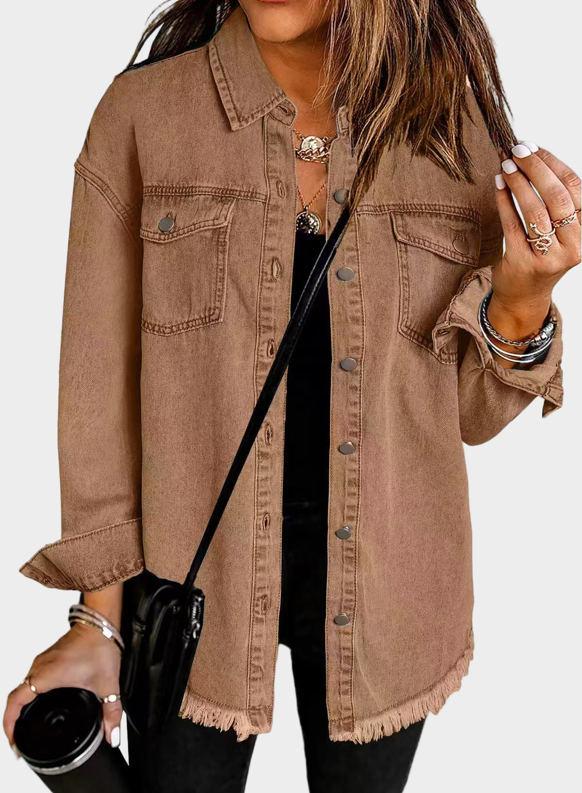 Classic Fringed Denim Jacket Brown, studio photo