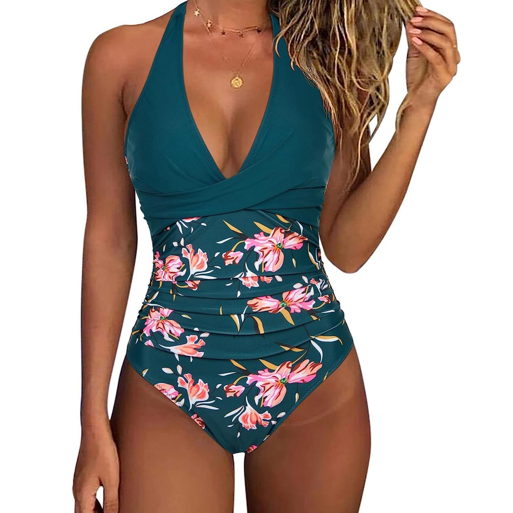 V-Neck Shaping Swimsuit Blue + Pink Flowers, photo studio