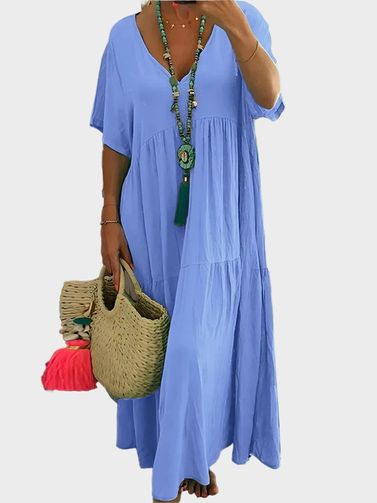 Linnea | Flowy V-Neck Maxi Dress with Ruffles Light Blue, photo studio