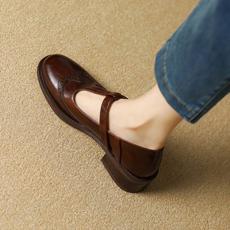 Thin-Strap Flat Leather Mary Janes Brown, studio photo