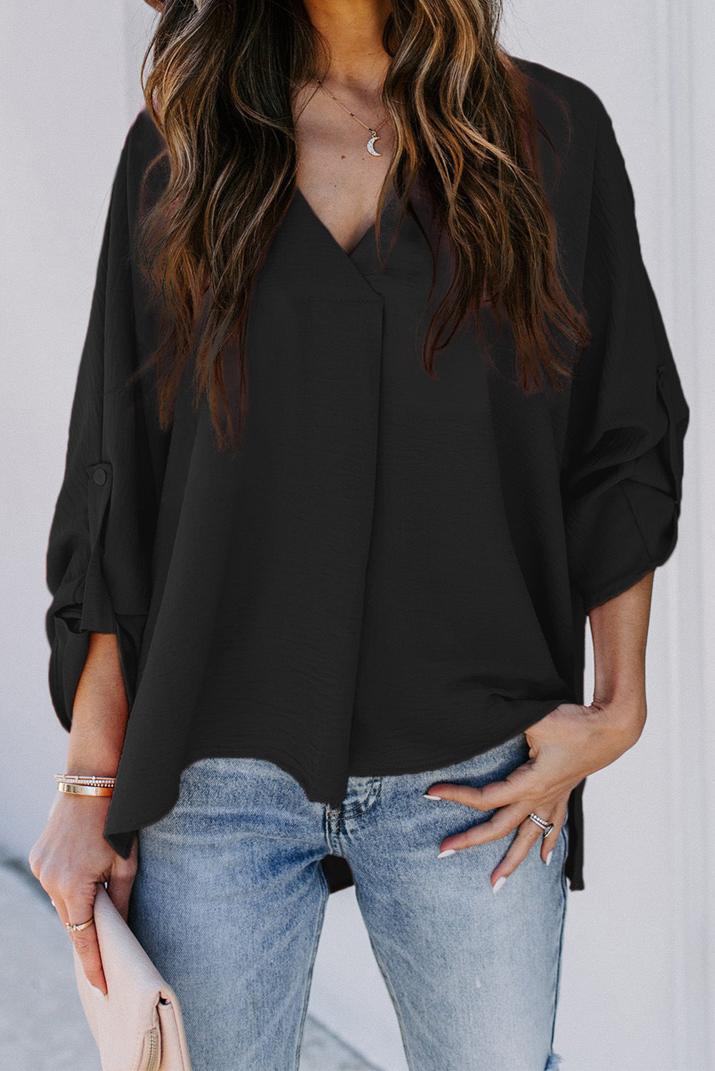 Larissa | Long-Sleeve V-Neck Blouse Black, studio photo