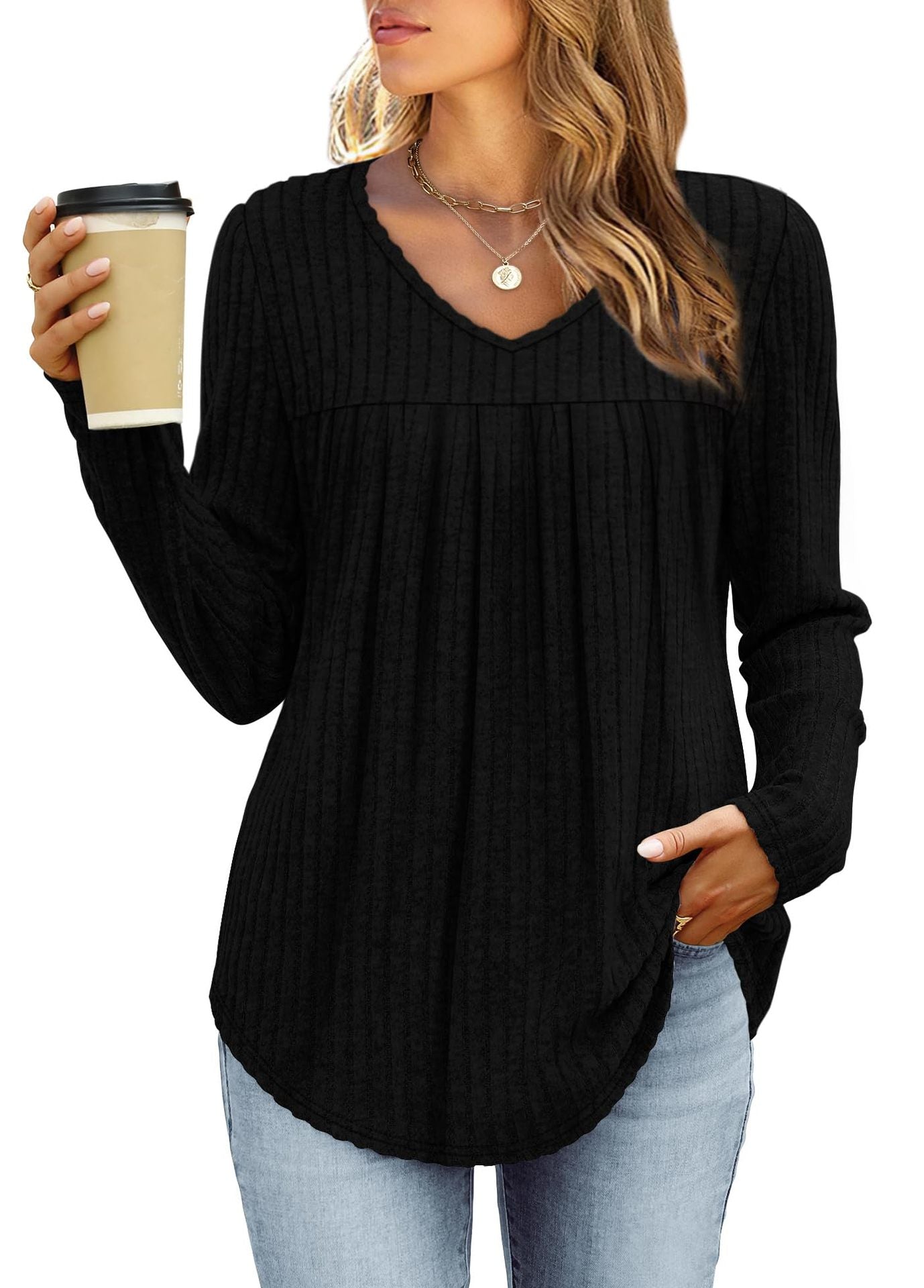 Karina | Classic Pleated Blouse Black, studio photo
