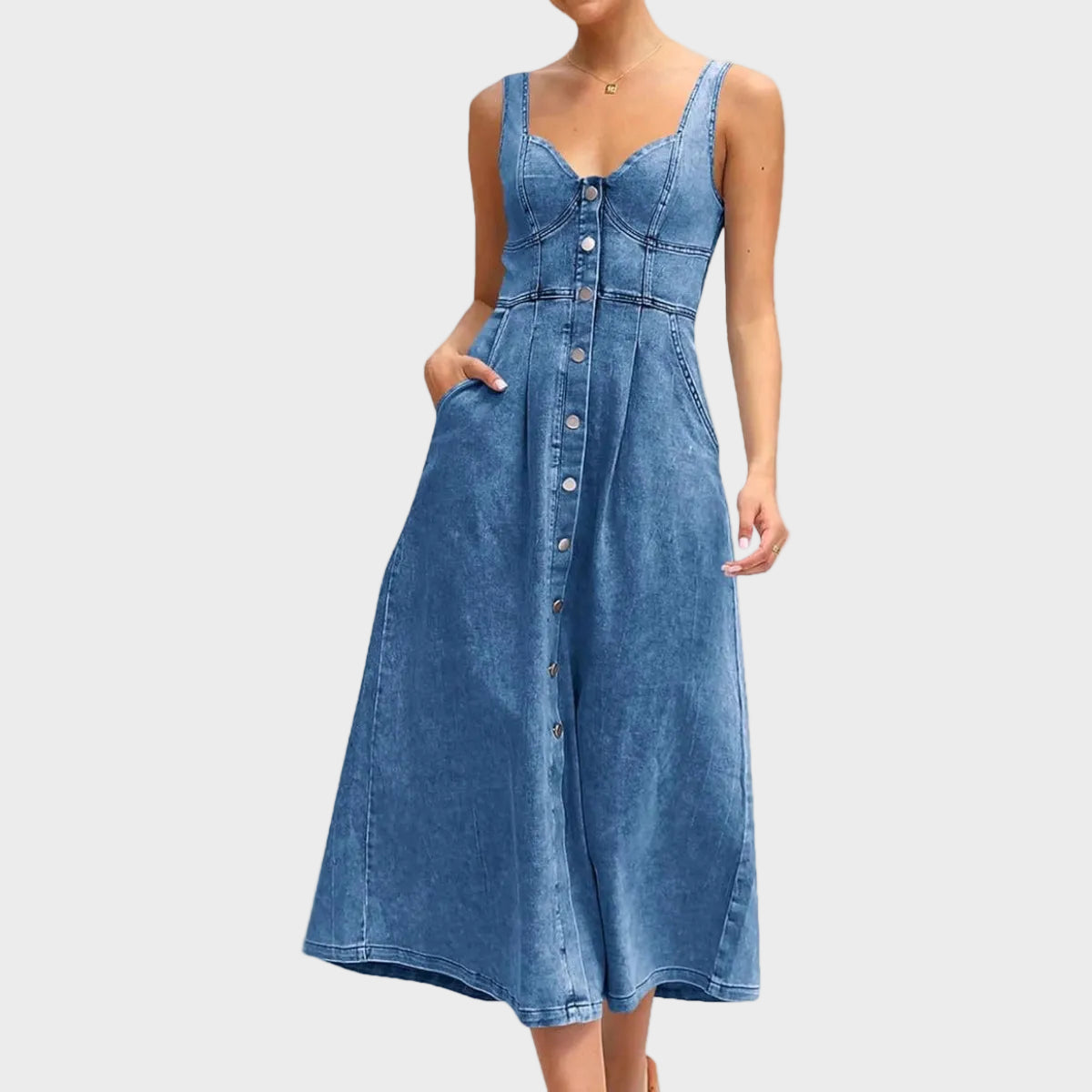 Anita | Strapless Button-Front Denim Dress Dark Blue, photo studio