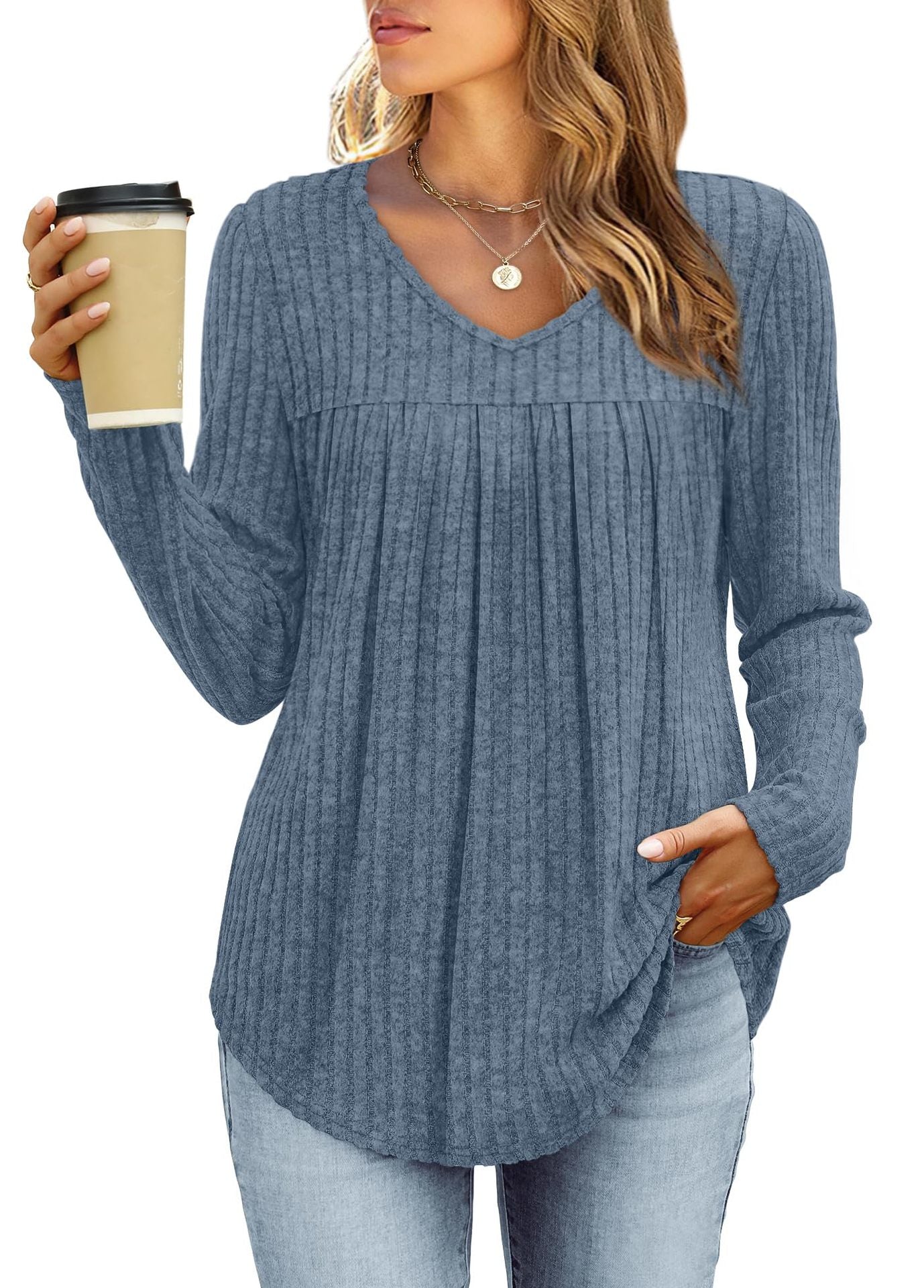 Karina | Classic Pleated Blouse Blue, studio photo