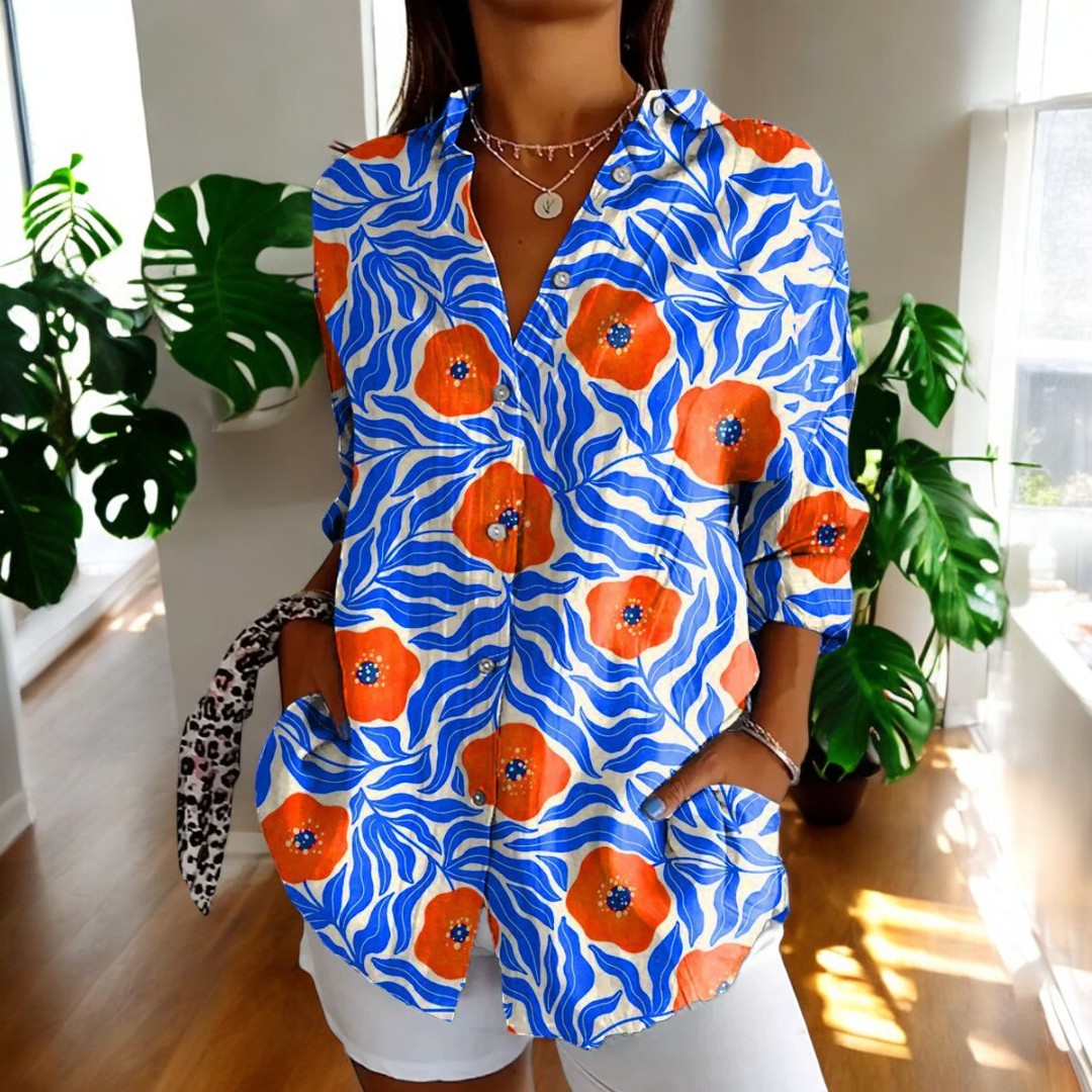 Eunice | On-Trend Printed Blouse Blue, studio photo