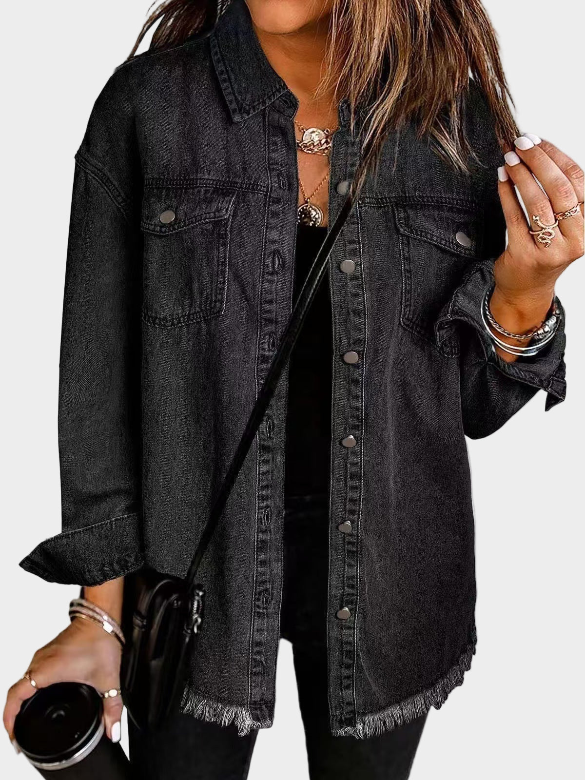 Classic Fringed Denim Jacket Black, studio photo
