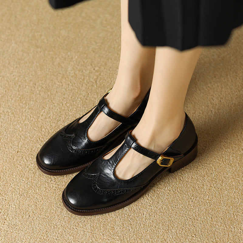 Thin-Strap Flat Leather Mary Janes Black, studio photo