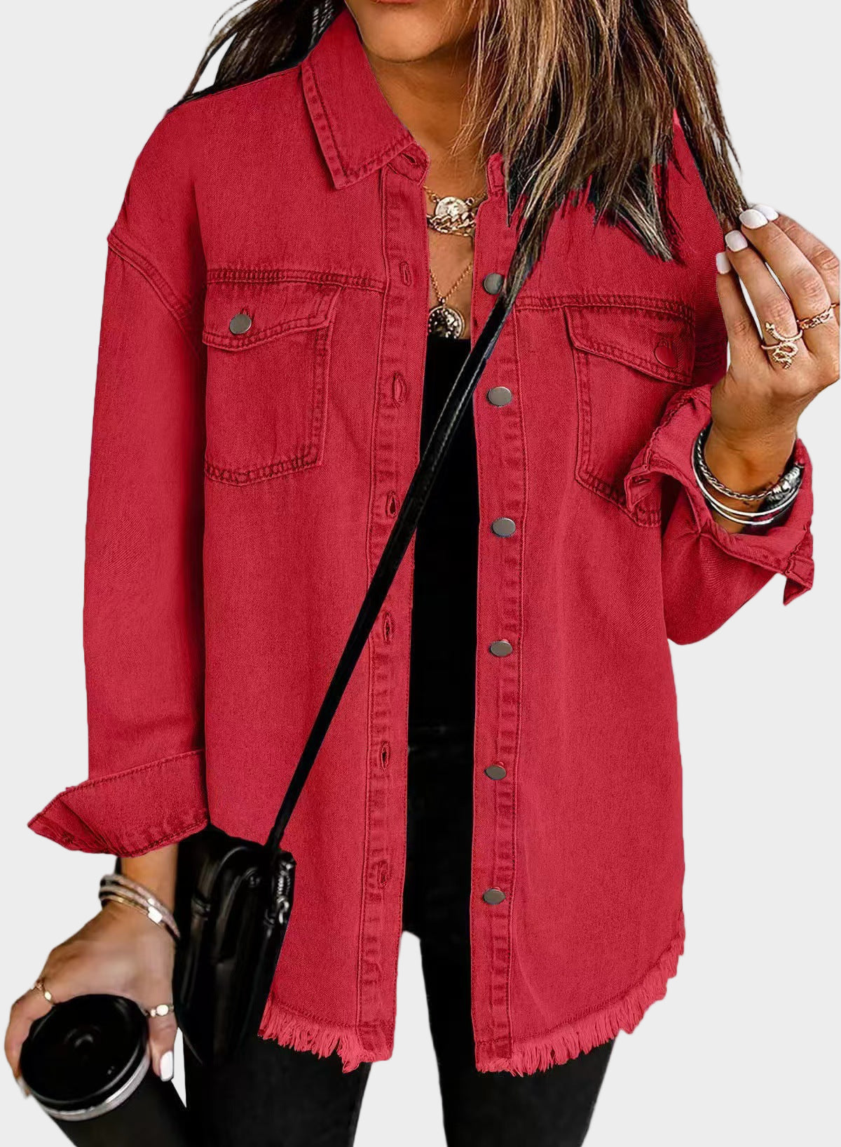 Classic Fringed Denim Jacket Red, studio photo
