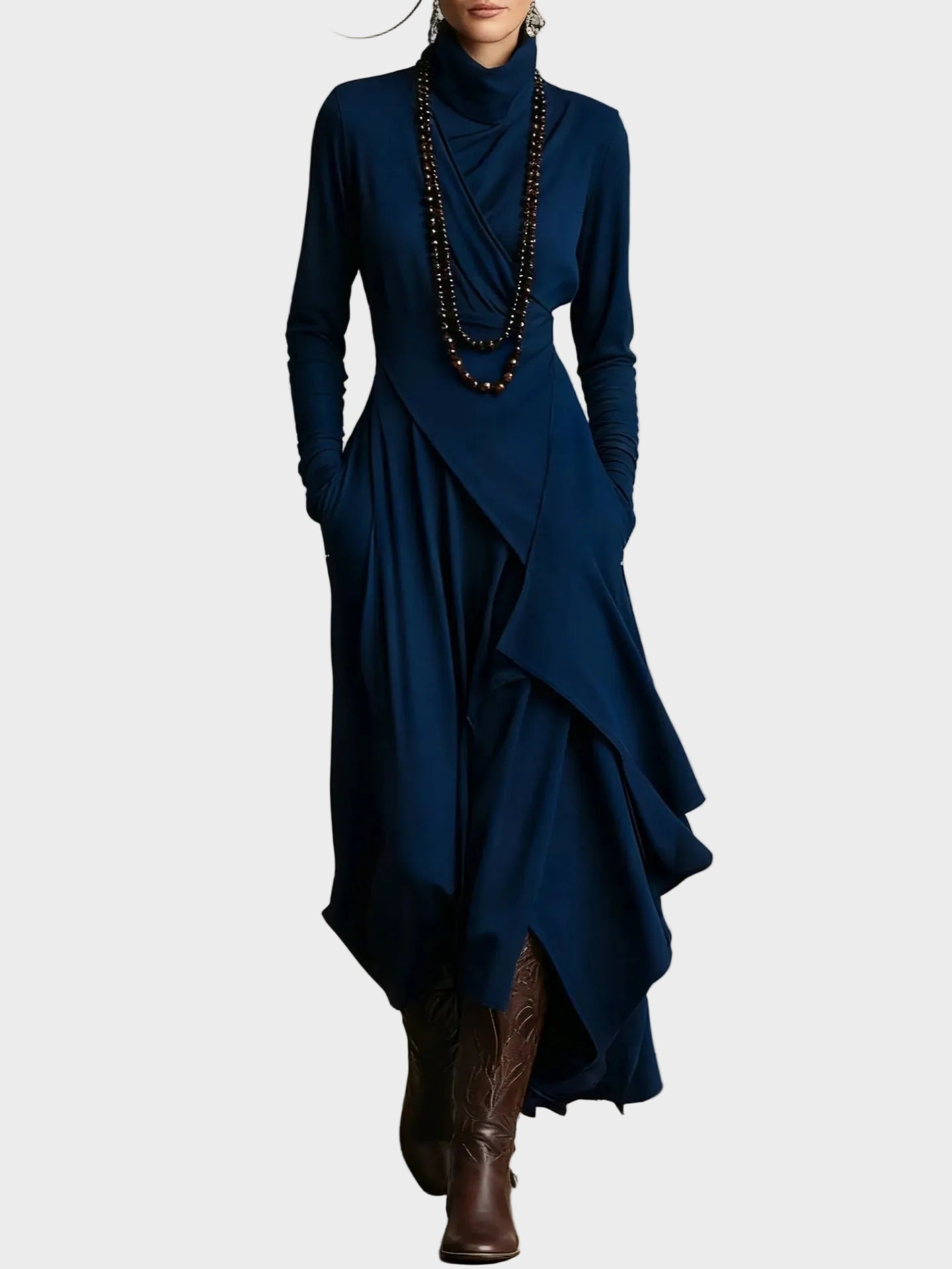 Tessie | Asymmetric Knit Turtleneck Maxi Dress Royal Blue, photo studio