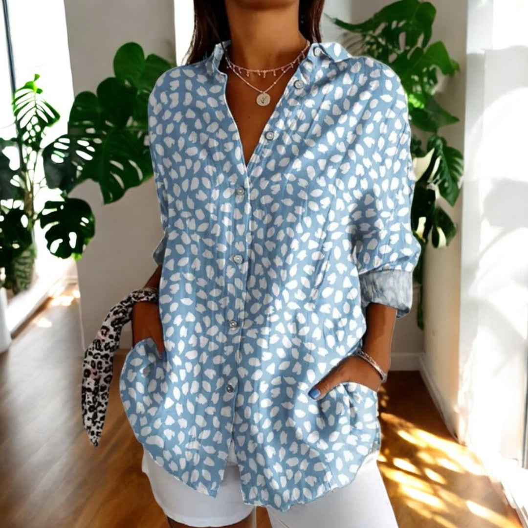 Eunice | On-Trend Printed Blouse Light Blue, studio photo