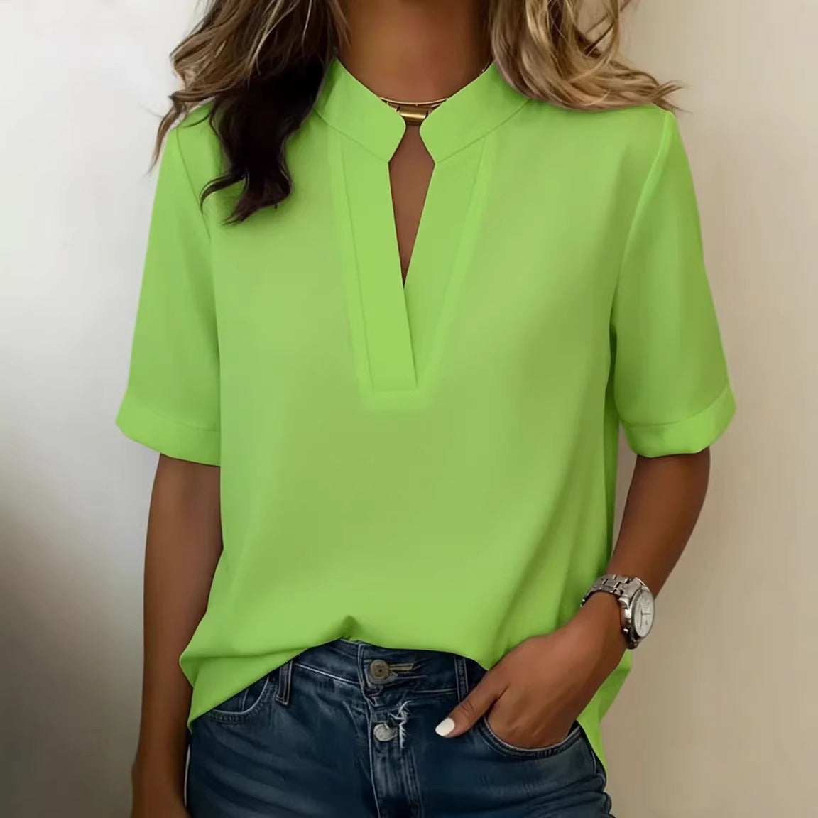 Mathilde | Elegant High-Neck Blouse Green, studio photo
