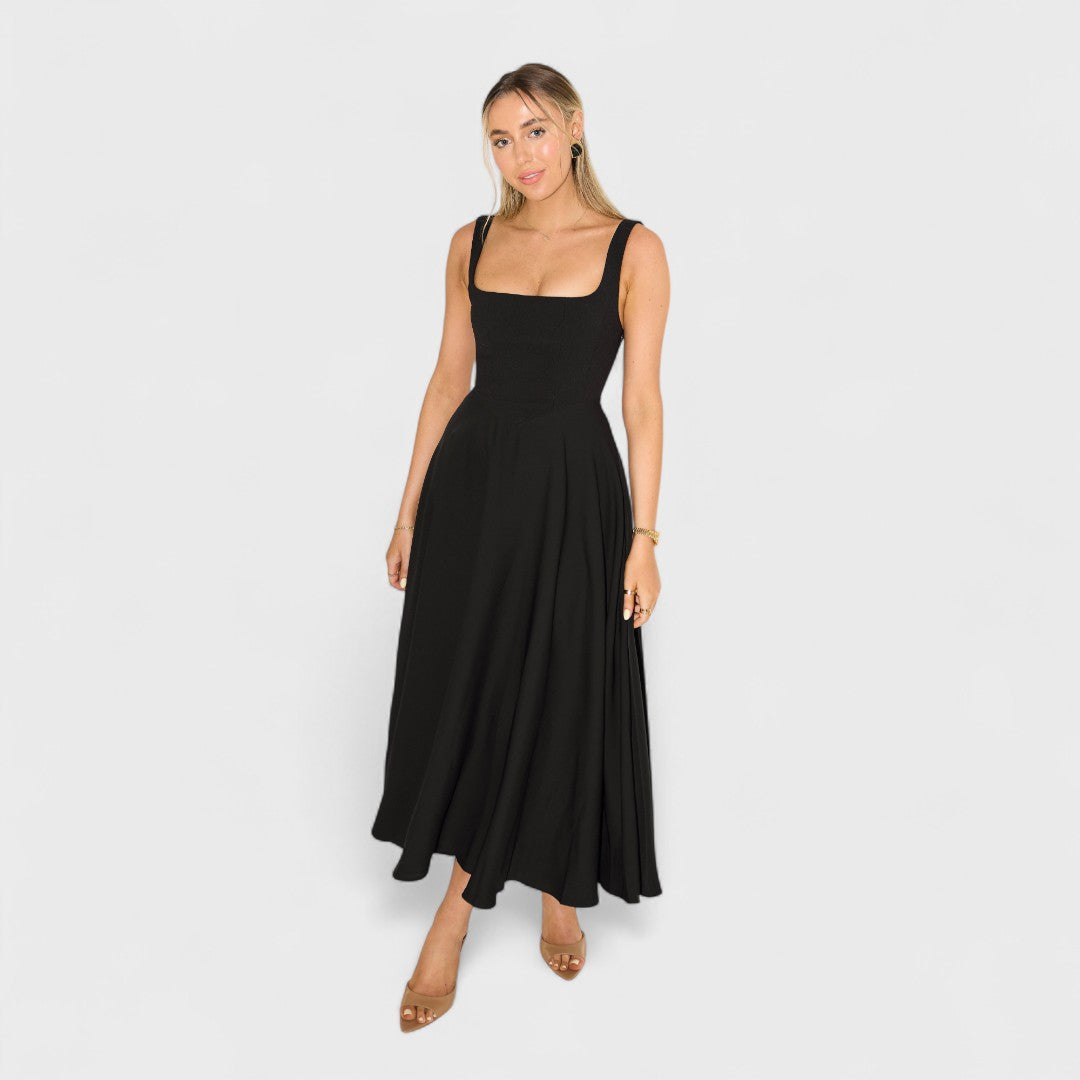 Adeline | Timeless Square-Neck Midi Dress Black, studio photo