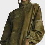 Fringed Suede Turtleneck Dress in Olive, Oversized