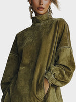 Fringed Suede Turtleneck Dress in Olive, Oversized