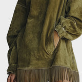 Fringed Suede Turtleneck Dress in Olive, Oversized
