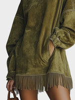 Fringed Suede Turtleneck Dress in Olive, Oversized