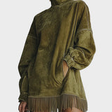 Fringed Suede Turtleneck Dress in Olive, Oversized