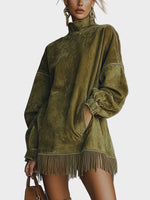 Fringed Suede Turtleneck Dress in Olive, Oversized