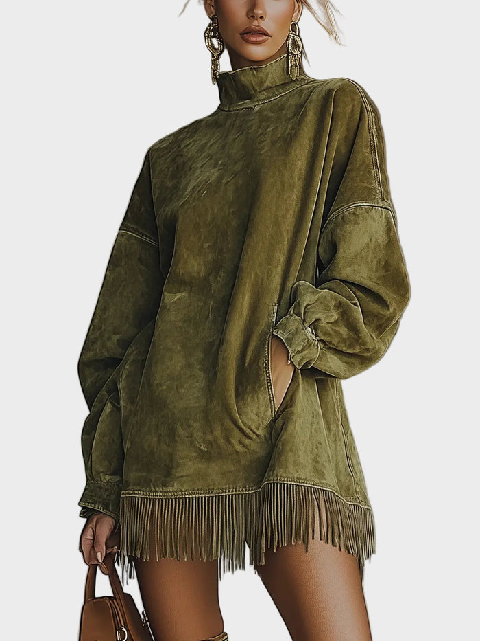 Fringed Suede Turtleneck Dress in Olive, Oversized