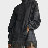 Fringed Suede Turtleneck Dress in Olive, Oversized